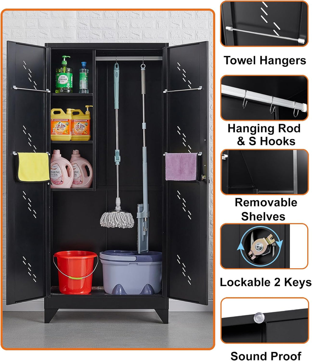 75" Metal Storage Cabinet with Lockable Doors, Functional Garage Storage Cabinets, Heavy-Duty Tool Organization Cabinet with Hanging Rod & S-Hooks (75" Utility Closet)