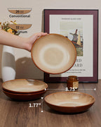 Pokini 16 Piece Double Bowl Plates and Bowls Sets, Ceramic Dinnerware Sets with Pasta Bowls, Dishwasher & Microwave Safe Dish Set, Scratch Resistant Stoneware Plate Set, Service for 4 Brown Yellow