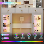 White Vanity Desk with Mirror and Lights, Glass Top Vanity with Lighted Mirror & RGB Glass Cabinet and 3 Drawers, Makeup Vanity Desk with Lights Dressing Table for Bedroom, 3 Color Modes