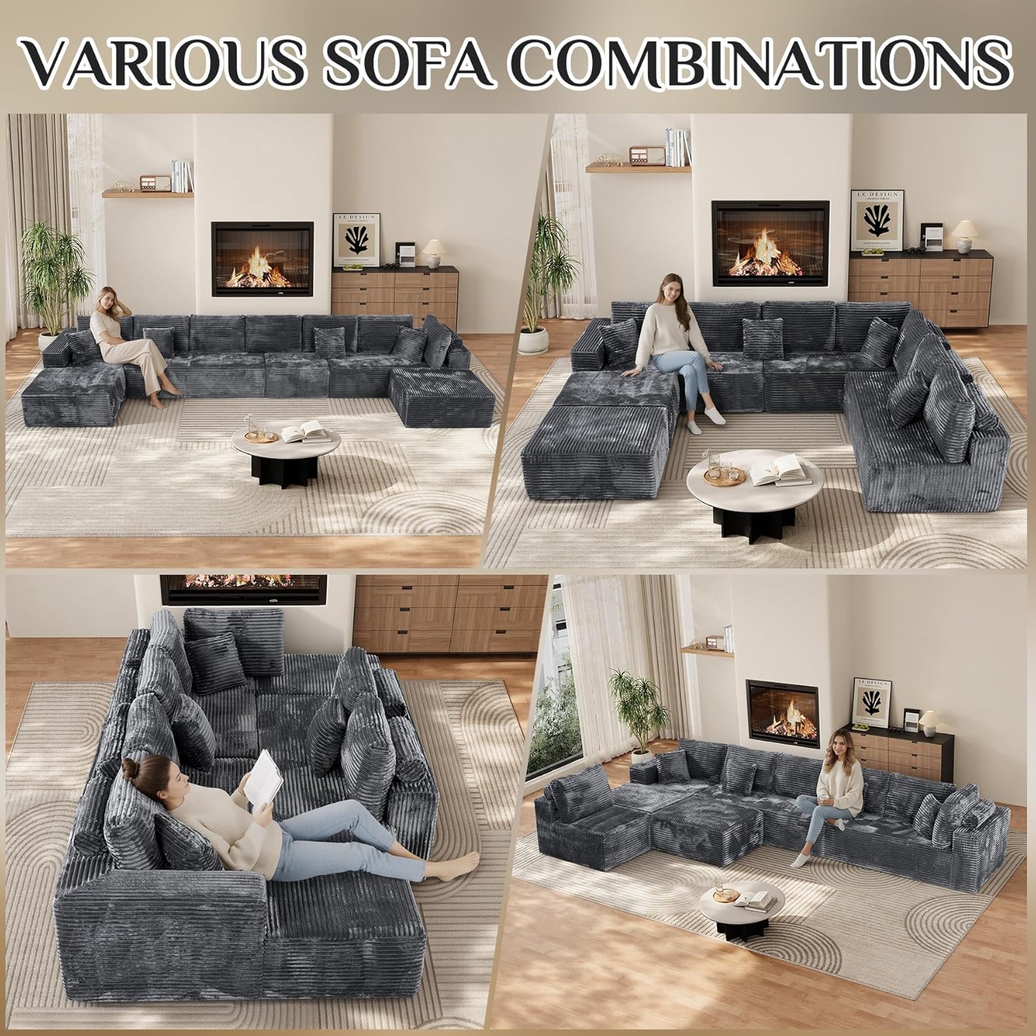 177'' Cloud Couch, Comfy Fluffy Oversized Modular Sectional Couches for Living Room, 8 Seater Modern Plush Corduroy Large Boneless Couch with Ottoman, Deep Seat, No Assembly Required, Dark Grey