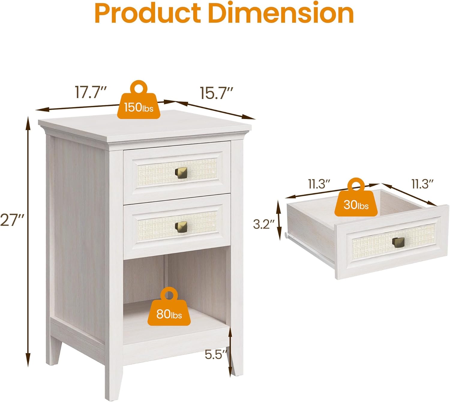 RoyalCraft White Rattan Nightstand with Drawer Set of 2, Boho 27" Tall Bedside Table with Storage for Small Space, Wood Accent End Table Bedroom Furniture, Couch, Grayish White