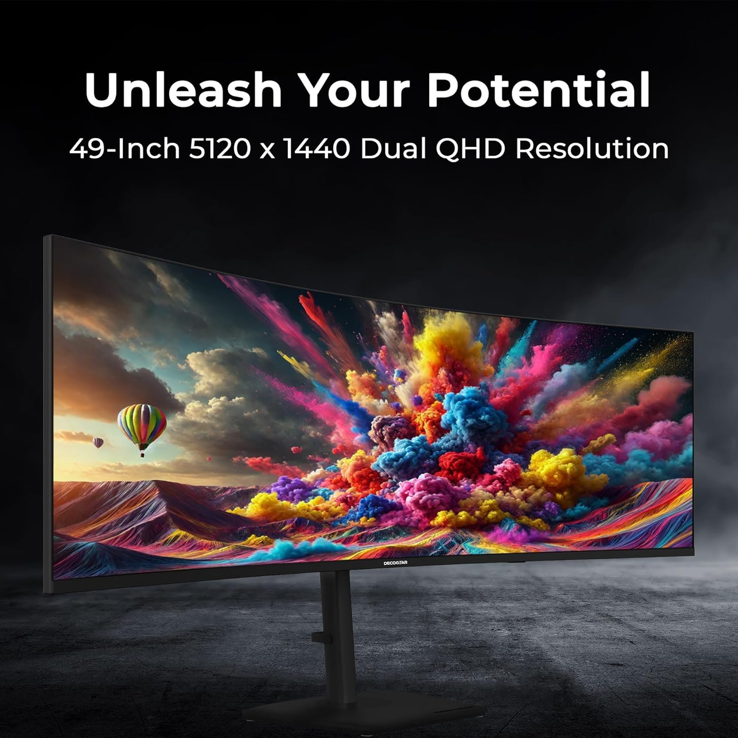 Deco Gear 49″ Curved Ultrawide Dual-QHD Monitor | 5120×1440 32:9 HDR400 | 120Hz VA Panel | USB-C 65W PD  FreeSync  PBP/PIP  KVM Switch | Built-in Speakers & Ergonomic Stand