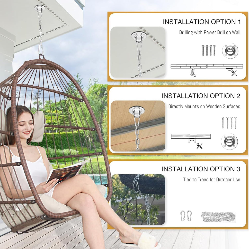 BULEXYARD Heavy-Duty Egg Swing Chair Without Stand, 350 Lbs Foldable Rattan Hanging Hammock with Cushion, All-Weather Basket Seat for Outdoor Patio Bedroom Pergola Tree or Ceiling Mount, Brown Tan