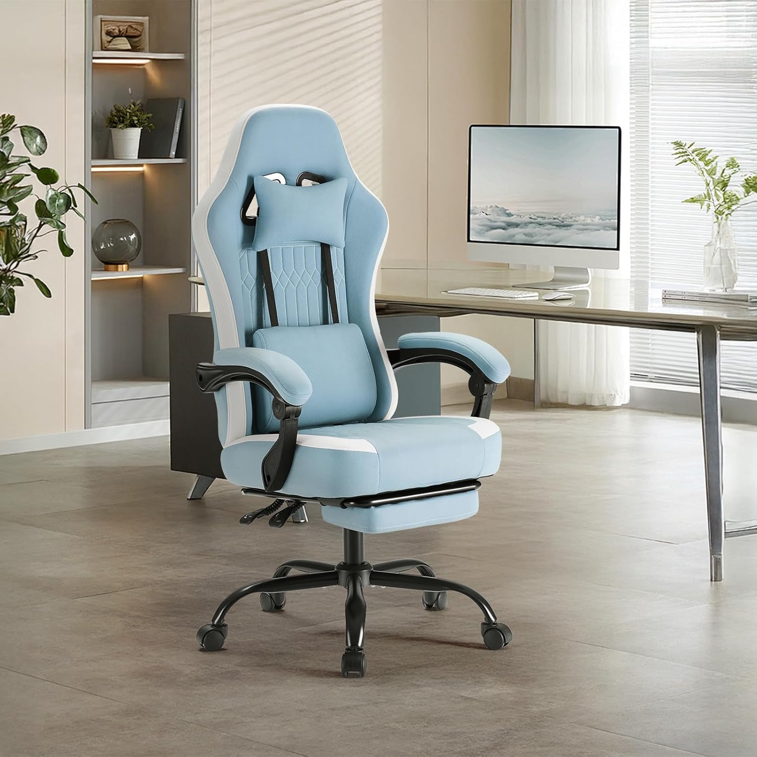 Sweetcrispy Video Game Chair - High Back Ergonomic Computer Desk Chair with Footrest & Lumbar Support, Height Adjustable Task Chair with Linkage Armrests and Headrest, 360° Swivel Wheels, Blue