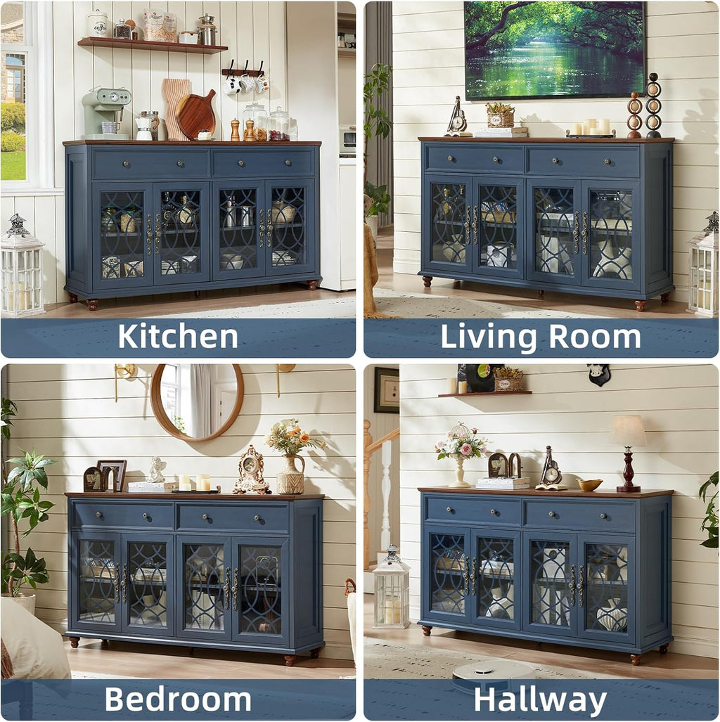 Joaxswe Farmhouse Sideboard Buffet Cabinet with Storage,59" Large Credenza with 4 Glass Doors & 2 Drawers,Adjustable Shelves Console Table,Wood Kitchen Coffee Bar for Dining Room,Living Room,Navy Blue