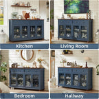 Joaxswe Farmhouse Sideboard Buffet Cabinet with Storage,59" Large Credenza with 4 Glass Doors & 2 Drawers,Adjustable Shelves Console Table,Wood Kitchen Coffee Bar for Dining Room,Living Room,Navy Blue