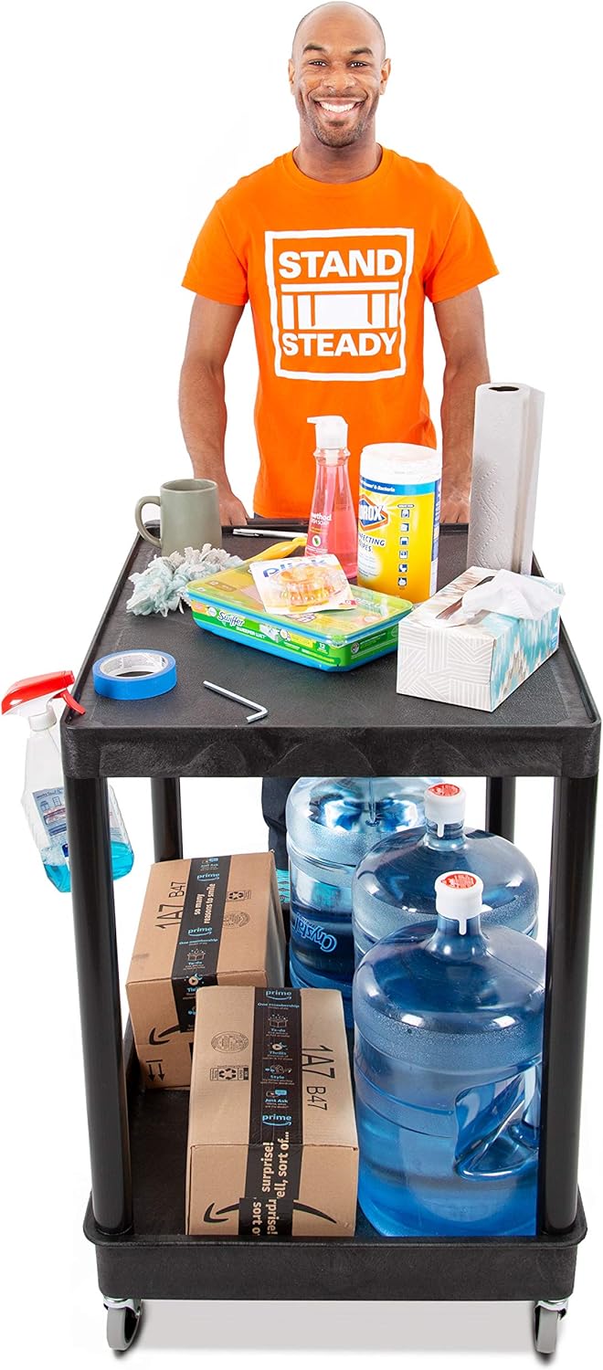 Stand Steady Tubstr Large 2-Shelf Utility Cart: Heavy Duty Hybrid Tub & Flat Shelf - Supports Up to 200 lbs, Rolling Storage & Tool Cart for School, Office, Warehouse (32 x 24in)
