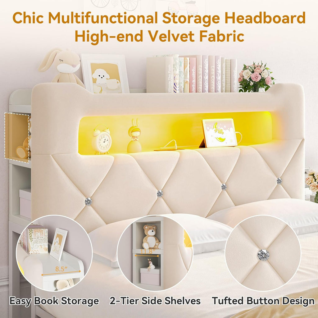 Queen Upholstered LED Bed Frame with 2 Storage Drawers and 2-Tier Storage Headboard,Velvet Princess Platform Bed with Charging Station & Bookcase, Corner Bed Frame, Heavy Duty Metal Support, Beige