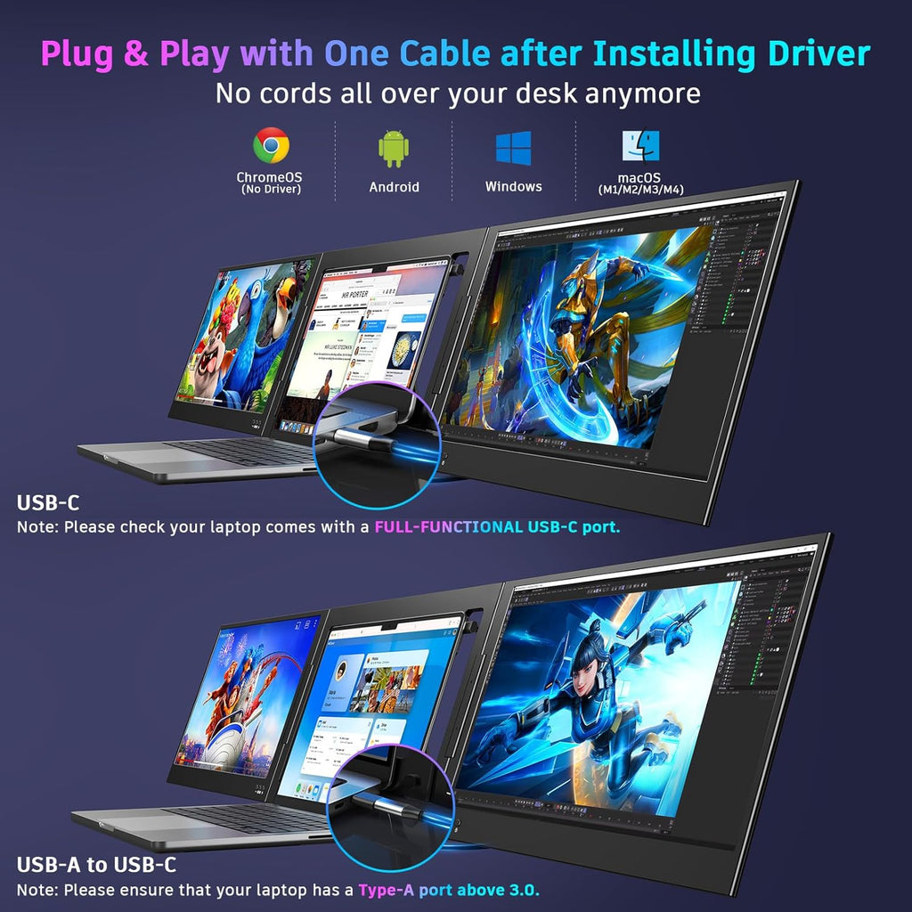 QQH Laptop Screen Extender  15.6" Triple Portable Monitor with Ultra-Slim FHD IPS Display  One Cable USB-C Monitor Extender Compatible with MacOS  Windows  Android for 12-16" Laptop (Driver Need)