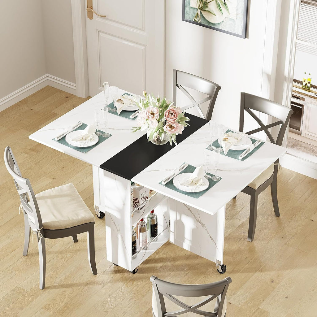 Space Saving Folding Dining Table with Drawer,3-Tier Wine Cooler Storage and 2-Layer Metal Storage Rack-Extendable Drop Leaf Farmhouse Wood Kitchen Dining Room Tables Set for 4 (White)