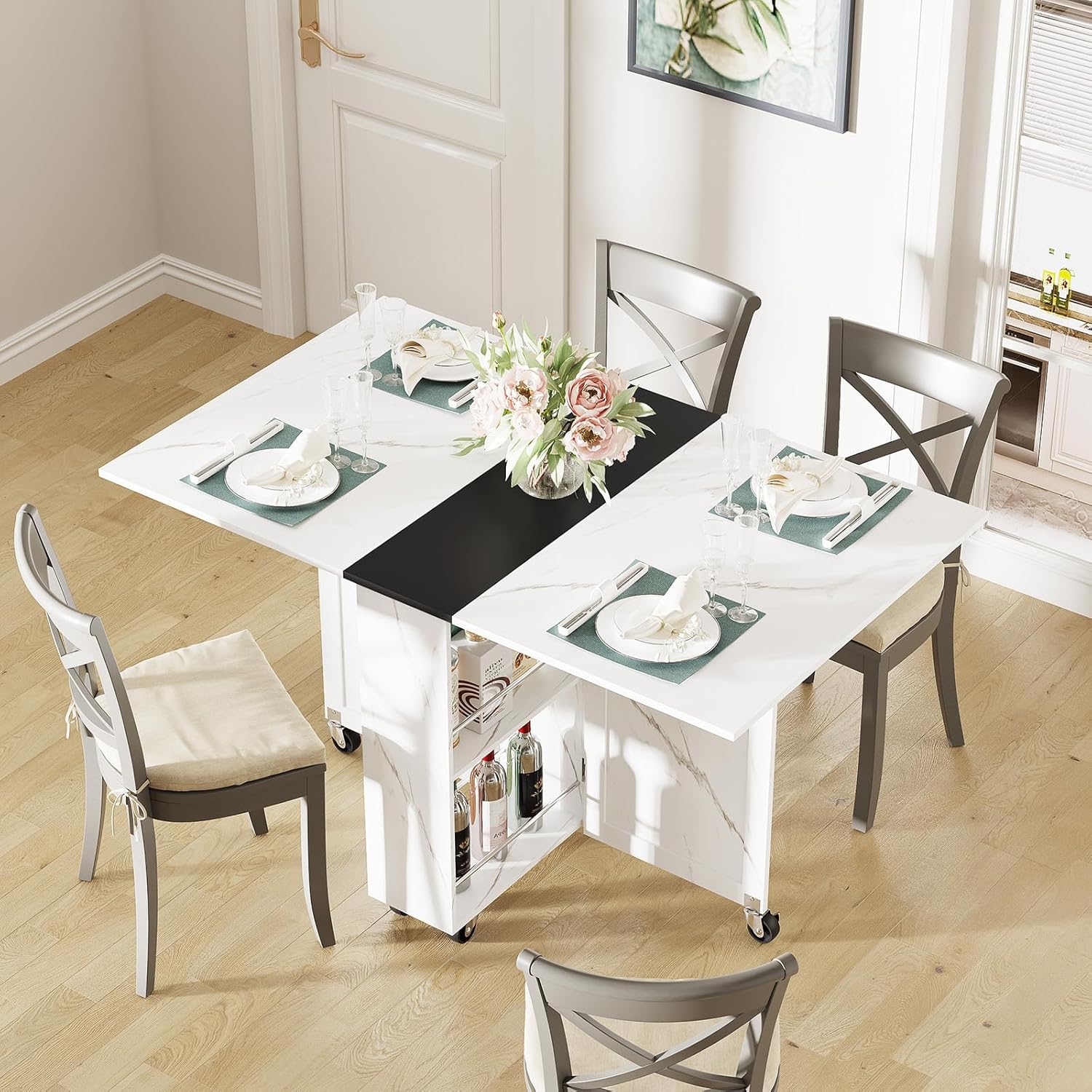 Space Saving Folding Dining Table with Drawer,3-Tier Wine Cooler Storage and 2-Layer Metal Storage Rack-Extendable Drop Leaf Farmhouse Wood Kitchen Dining Room Tables Set for 4 (White)