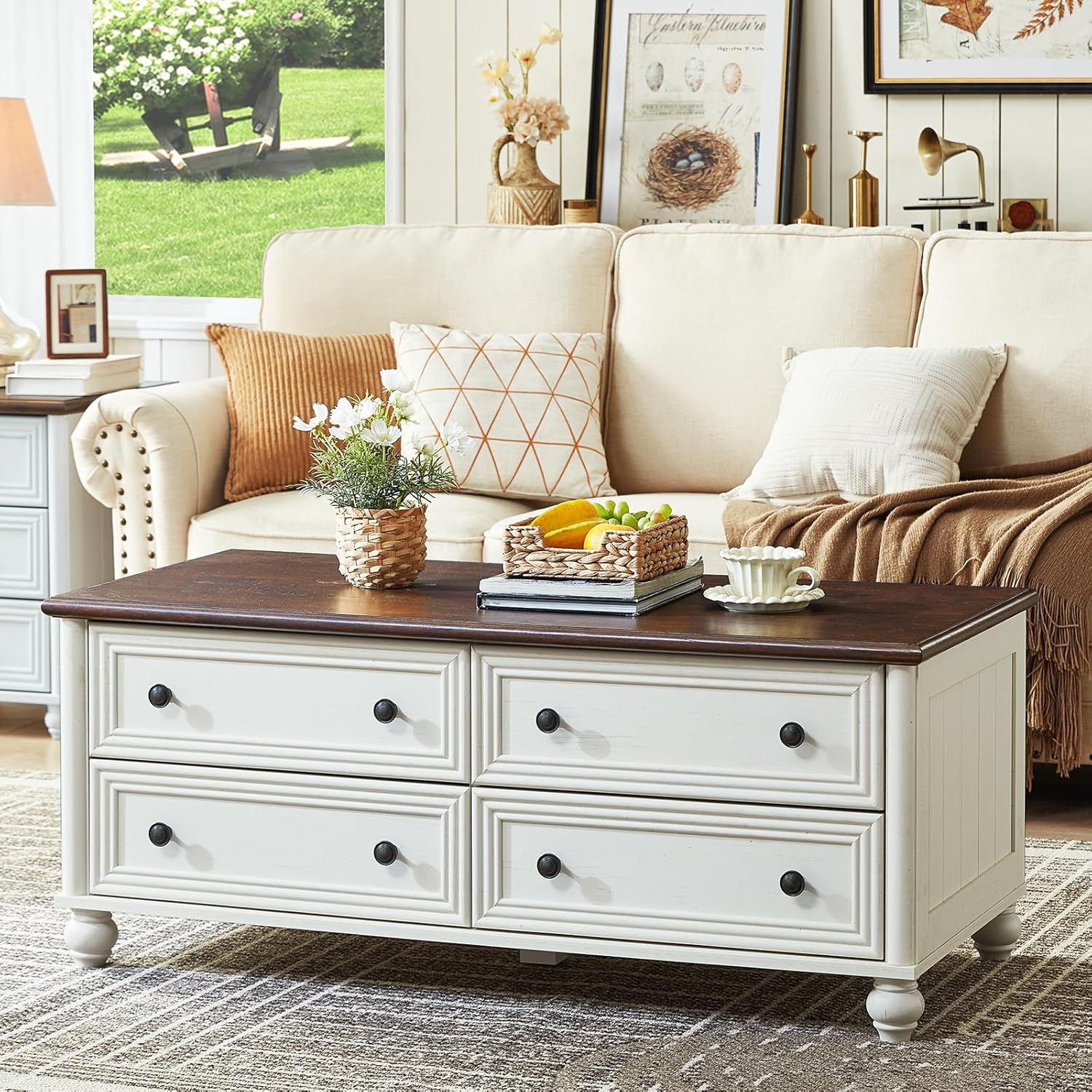 Farmhouse Coffee and end Tables 3-Piece Set,Wood 48" Center Table with 4 Drawers,Large Sofa Side Table with Charging Station & with Glass Barn Door Storage for Home Living Room Hallway,White