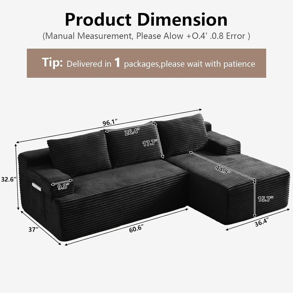 96" Cloud Sectional Couch with L-Shape Chaise, Modular Comfy Sofa Chaise Longue, Upholstered Corduroy Couches Sleeper with Deep Seat for Living Room Bedroom, No Assembly Required(Black, Right Facing)