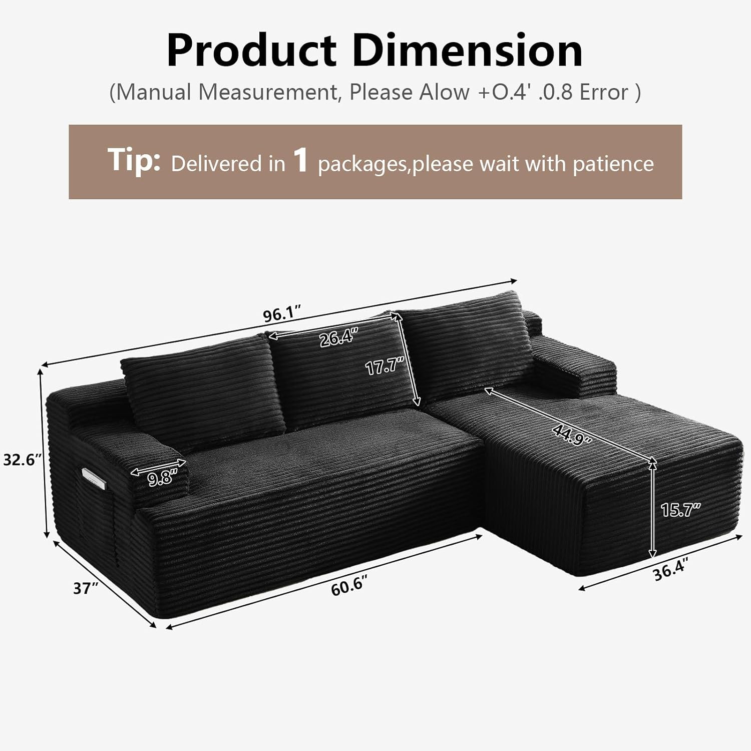 96" Cloud Sectional Couch with L-Shape Chaise, Modular Comfy Sofa Chaise Longue, Upholstered Corduroy Couches Sleeper with Deep Seat for Living Room Bedroom, No Assembly Required(Black, Right Facing)