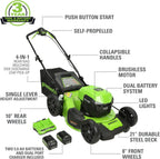 Greenworks 48V (2x24V) 21" Brushless Self-Propelled Mower 500 Lumen Lantern Fan Mini Bluetooth Speaker Inflator Combo Kit (2) 5Ah &(2) 2Ah Battery &2 Charger