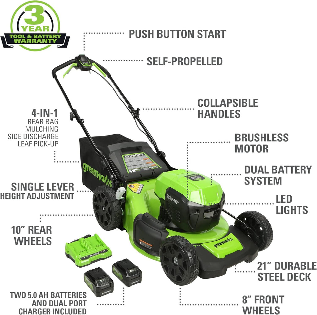 Greenworks 48V (24V x 2) 21" Cordless Battery Self-Propelled Mower & 320 CFM Blower Combo Kit w/ (2) 5.0Ah USB Batteries  (1) 2.0Ah Batter & Chargers