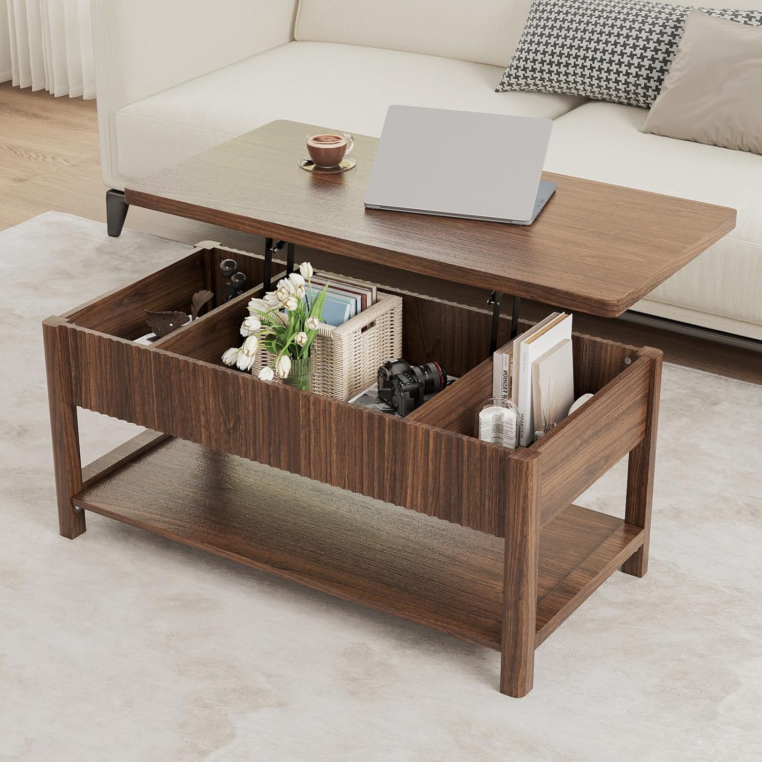 Lift Top Coffee Table with Storage for Living Room, 2-in-1 Modern Center Table & Desk with Hidden Storage Compartment & Open Shelf, Space Saving for Small Space & Apartment (Walnut)