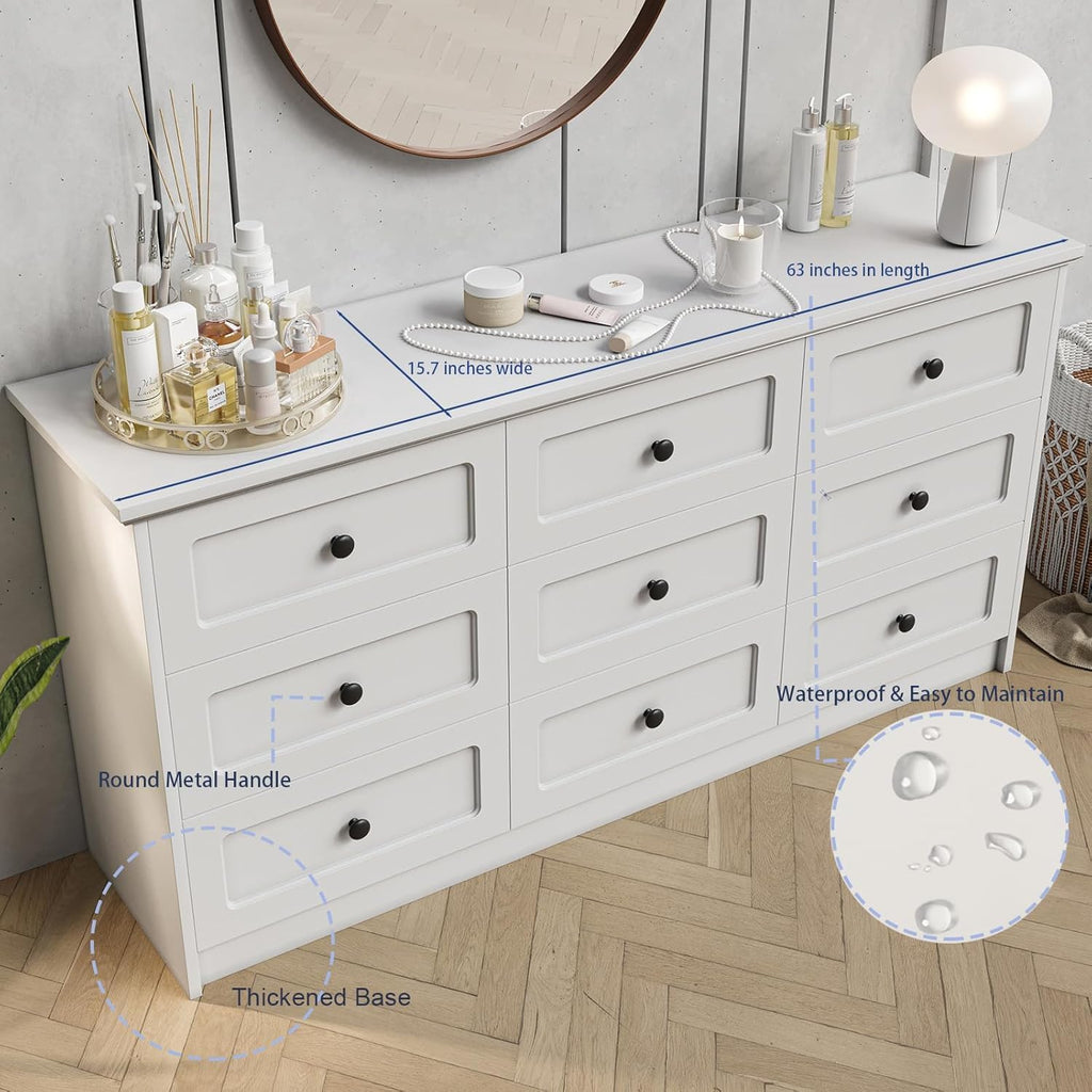 63 Inch 9 Drawer Tall Dresser, White Dresser for Bedroom, Modern Chest of Drawers with Deep Drawers and Handles, Wooden Dressers TV Stand, Long Dressers Organizer for Living Room, Hallway