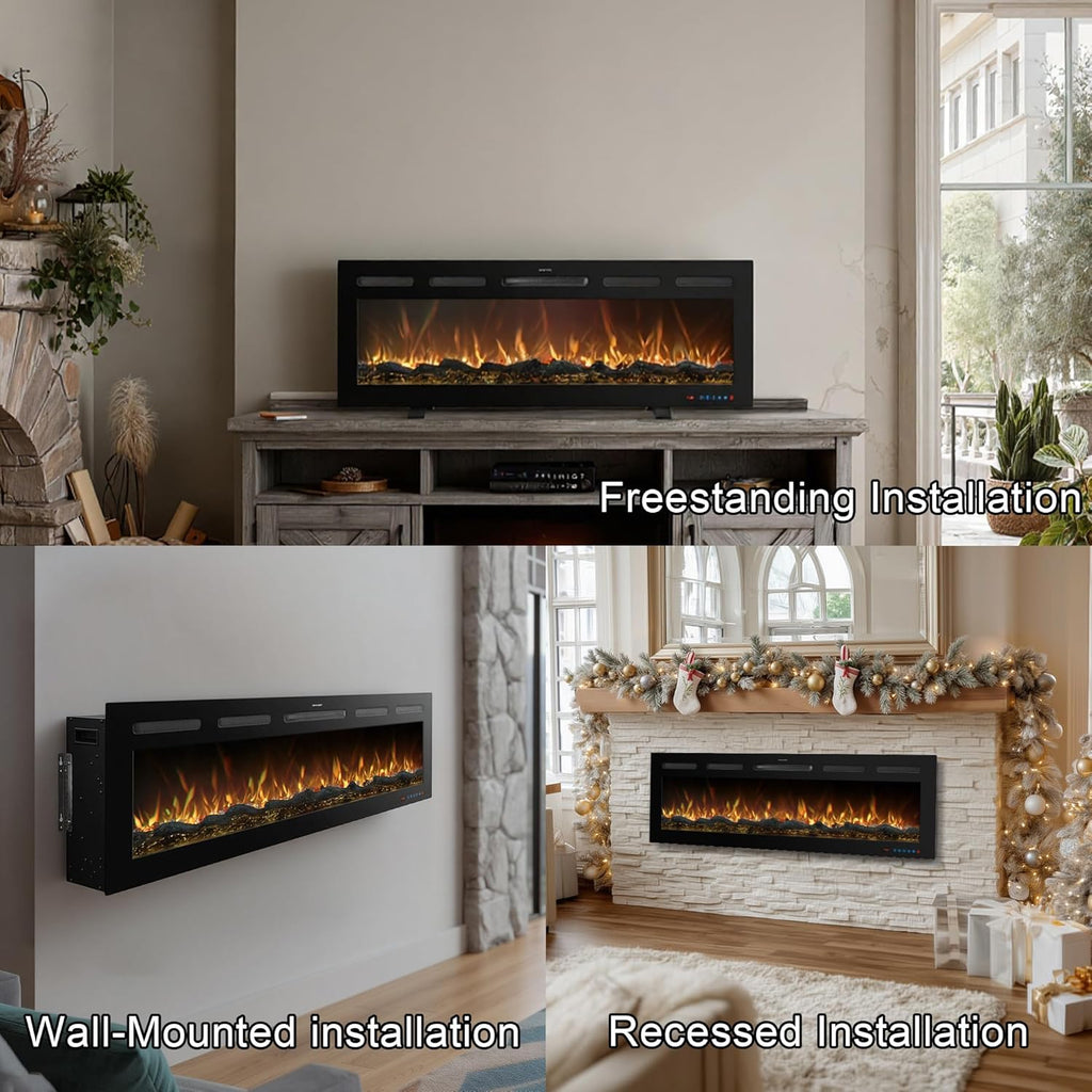 50 Inch WiFi Electric Fireplace Heater with Sound, Wall Mounted, Recessed or Free‑Standing, 750/1500W, 13 Flame & Fuel Bed Colors, Dimmable, Remote & App Control, Alexa & Google Home