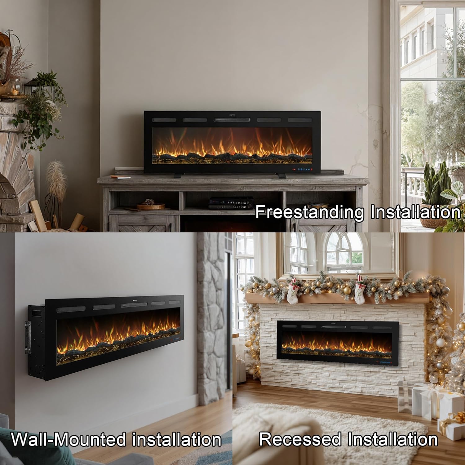 50 Inch WiFi Electric Fireplace Heater with Sound, Wall Mounted, Recessed or Free‑Standing, 750/1500W, 13 Flame & Fuel Bed Colors, Dimmable, Remote & App Control, Alexa & Google Home
