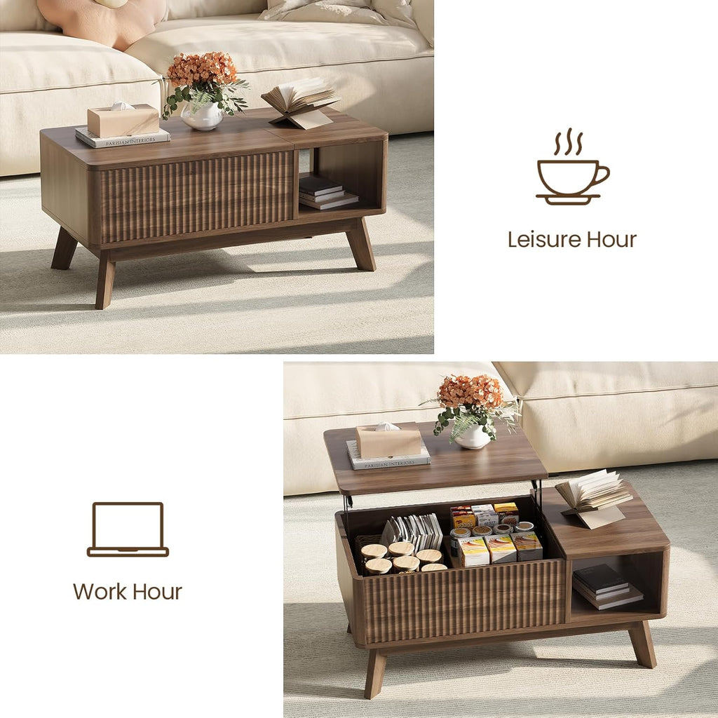 Wood Lift Top Coffee Table with Hidden Compartment and Large Storage Shelf, Lift Tabletop Dining Center Table for Home Living Room Office,Walnut