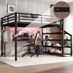 Bellemave Metal Queen Size Loft Bed with Desk and Storage Stairs,Heavy Duty Loft Bed Frame Queen Size with LED Lights and Charging Station for Kids,Teens,Adults,Black