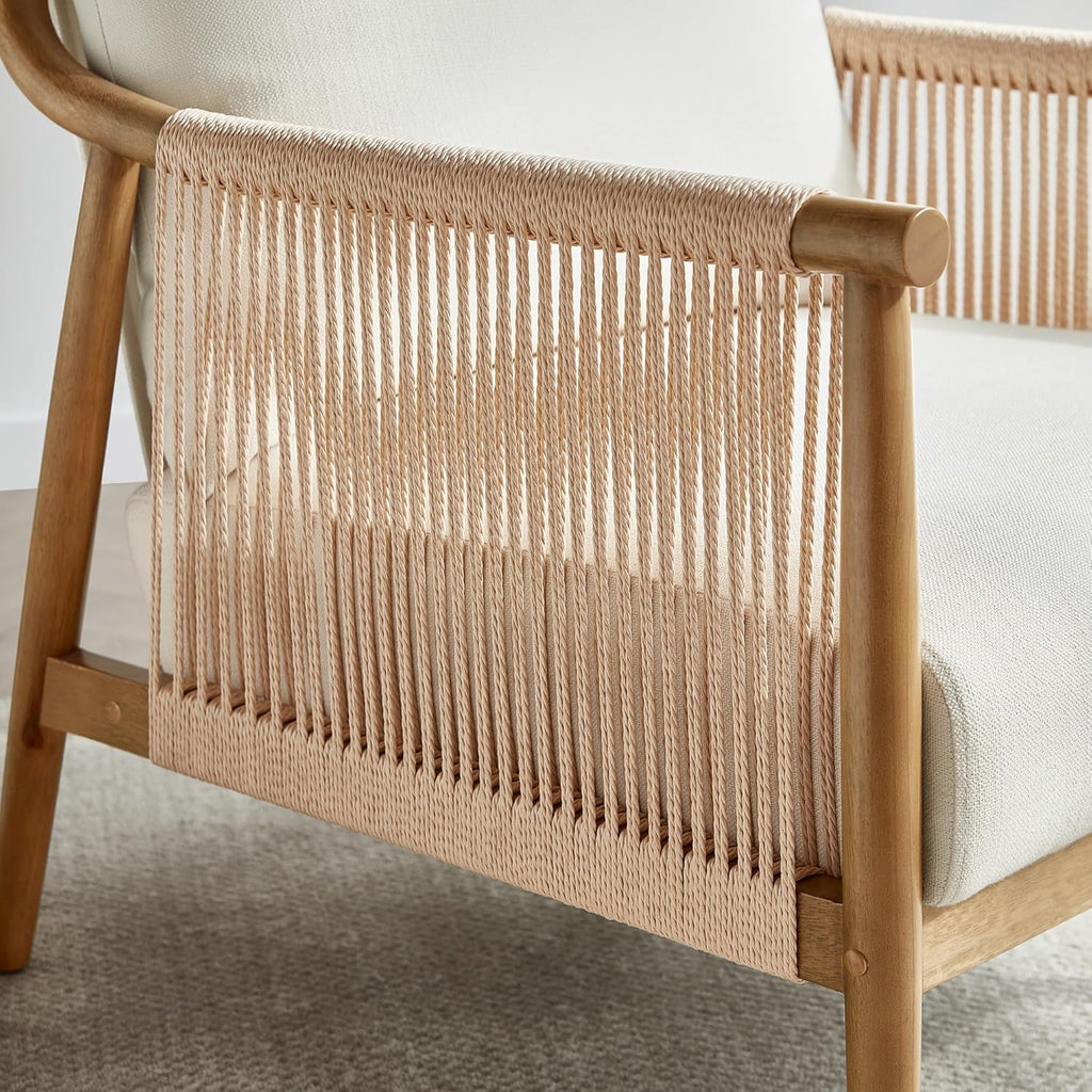 CHITA Braid Accent Chair Set of 2, Modern Armchair with Solid Wooden Armrest for Living Room and Bedroom, Boho Reading Chair, Cream