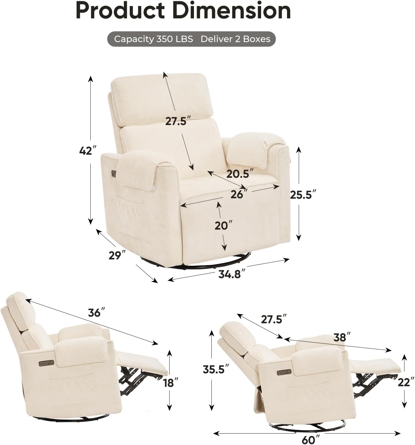 Oversized Power Recliner Chair, 26" Extra Wide Swivel Rocker Recliner with Adjustable Headrest, Chenille Glider Rocking Nursery Chair with Overstuffed Armrest, USB Ports, Cream