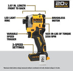 DEWALT ATOMIC 20V MAX* 1/4 in. Brushless Cordless 3-Speed Impact Driver one-pack Bare Tool (1pack ATOMIC 20V MAX Brushless 1/4 in. 3Speed Drive)