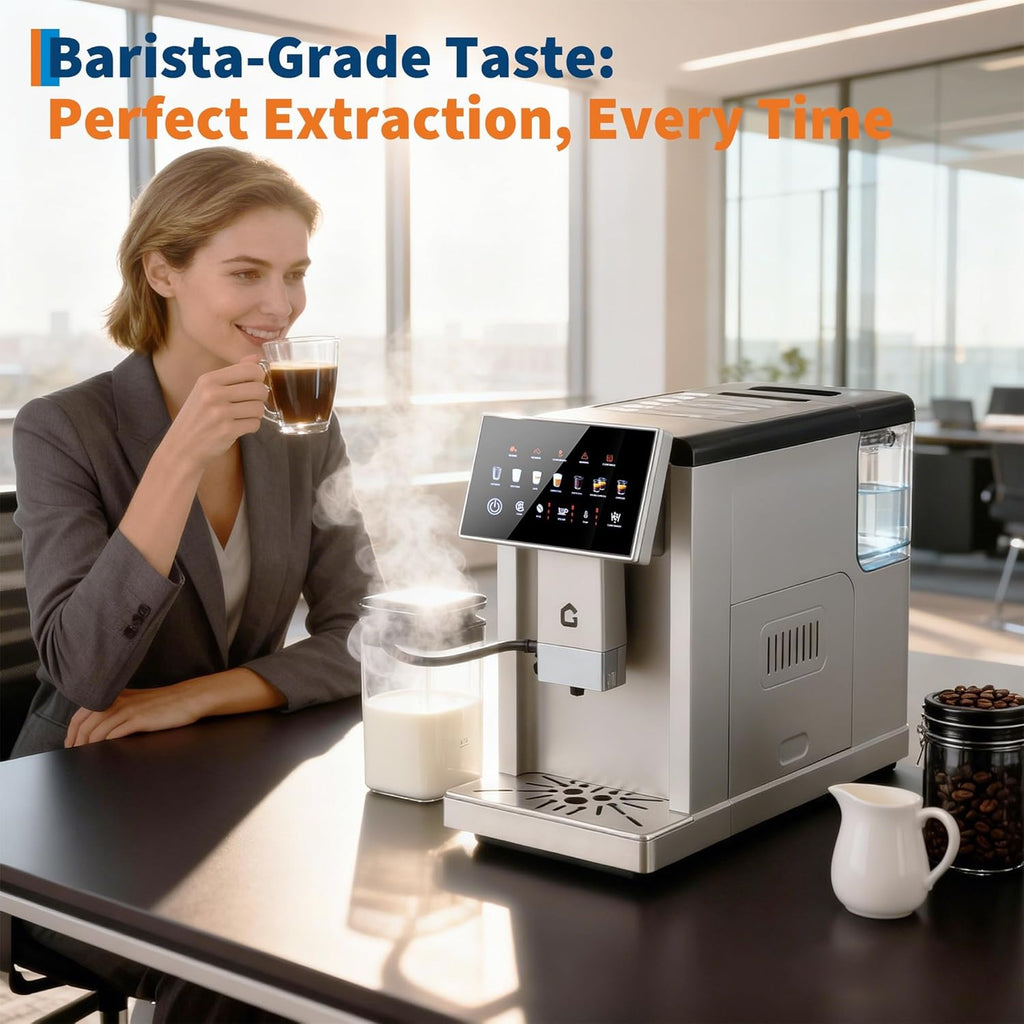 3rd-Gen Espresso Coffee Maker with Milk Frother - Removable Brewer & Grinder, Adjustable Coarseness/Flavor, 3-Level Coffee/Milk Volume, Detachable Milk Tank - Sleek Silve Spray Paint for Home Baristas
