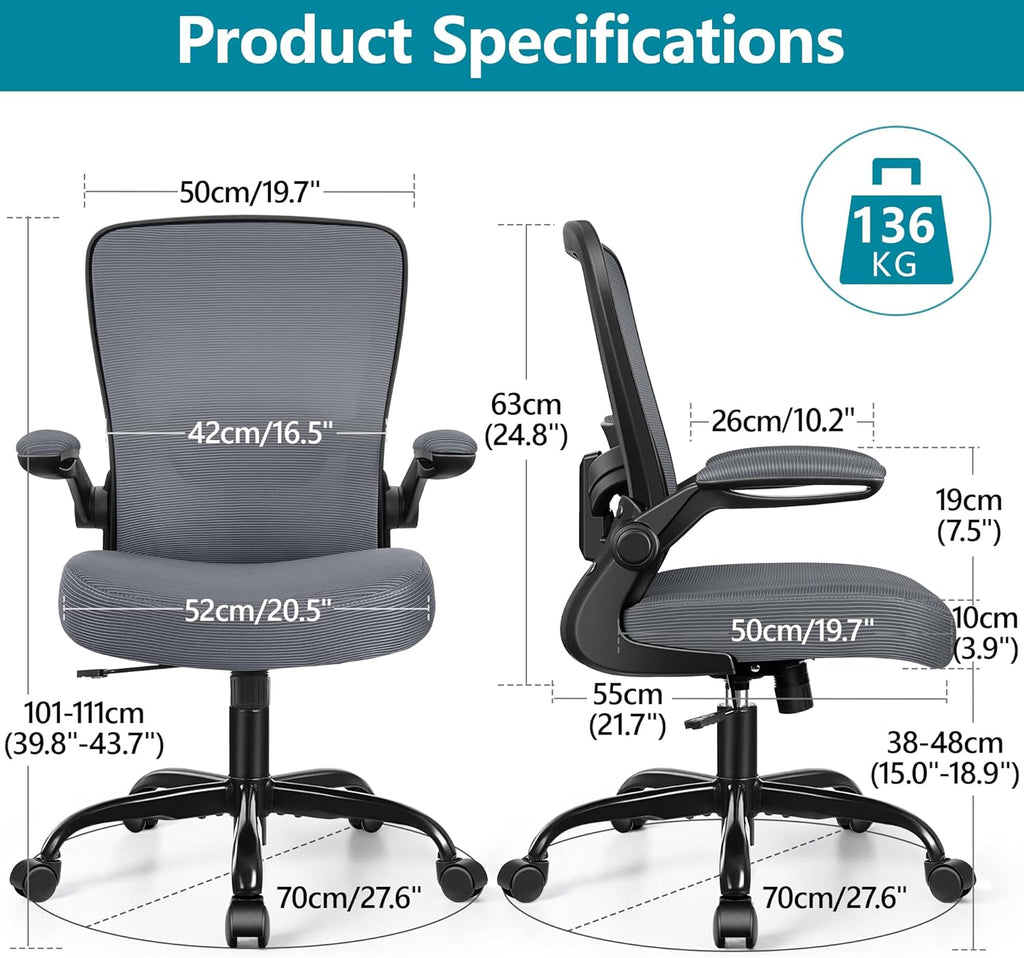 FelixKing Office Chair, Ergonomic Desk Chair Breathable Mesh Chairs Adjustable High Back Lumbar Support Flip-up Armrests, Executive Rolling Swivel Comfy Computer Chairs Home Office Dark Gray