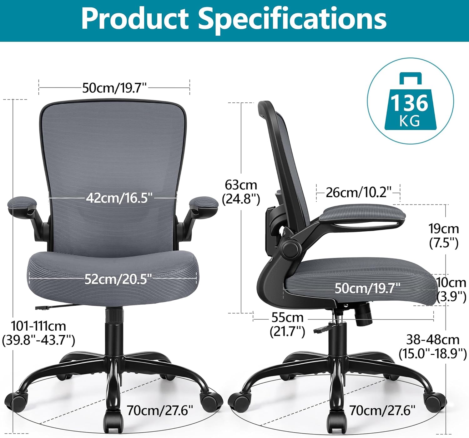 FelixKing Office Chair, Ergonomic Desk Chair Breathable Mesh Chairs Adjustable High Back Lumbar Support Flip-up Armrests, Executive Rolling Swivel Comfy Computer Chairs Home Office Dark Gray
