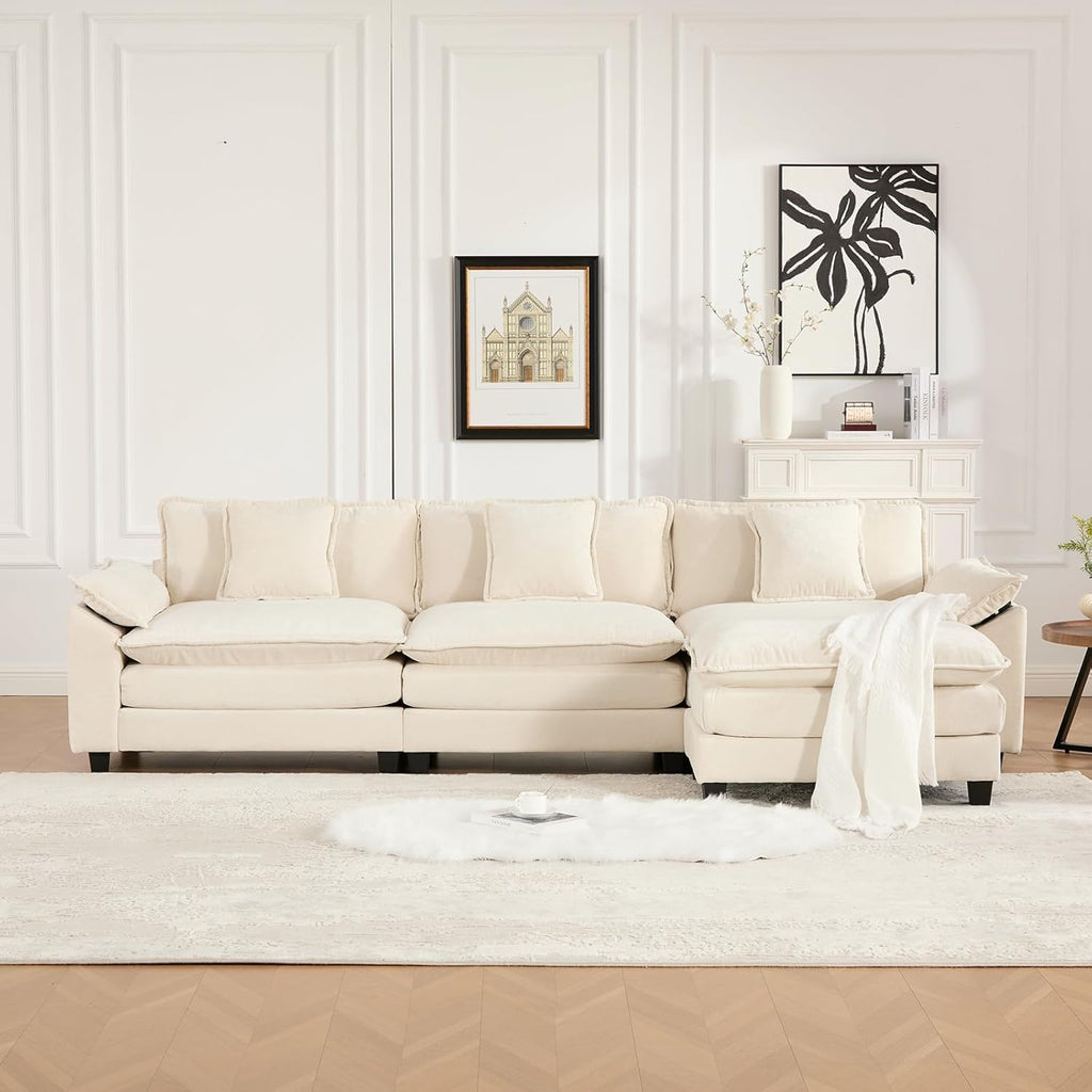 117.3” Beige Modular Sectional Sofa, 3 Seater Large Sectional Couches for Living Room, Chenille Fabric Oversized Cloud Couch with Ottoman, Deep Seat Wide Armrest Home Sofas Set, Sofá Moderno, L Shaped