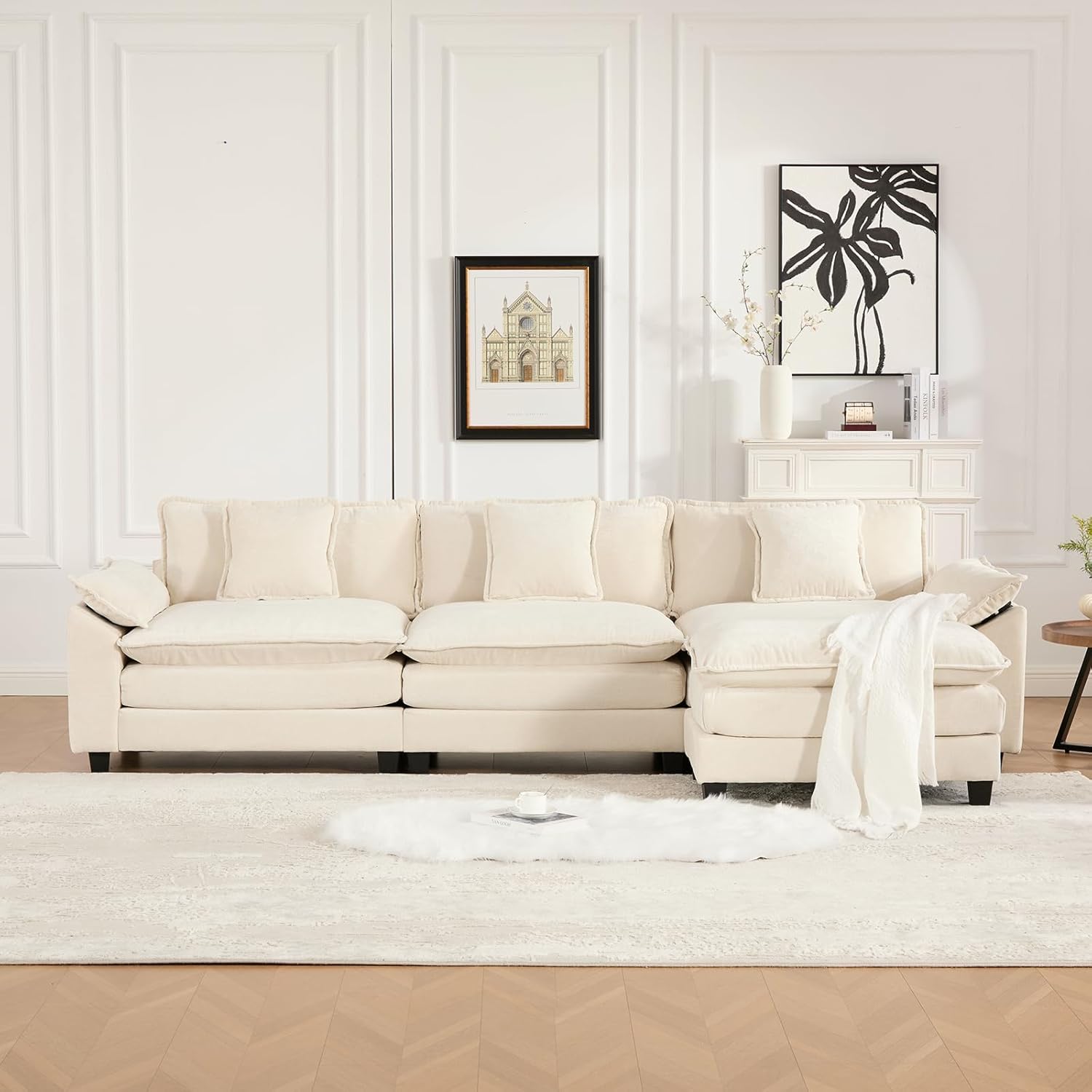 117.3” Beige Modular Sectional Sofa, 3 Seater Large Sectional Couches for Living Room, Chenille Fabric Oversized Cloud Couch with Ottoman, Deep Seat Wide Armrest Home Sofas Set, Sofá Moderno, L Shaped