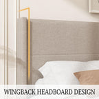 King Size Bed Frame, Linen Upholstered Platform with Wingback Headboard, Wooden Slats Support, No Box Spring Needed, Easy Assembly, Beige
