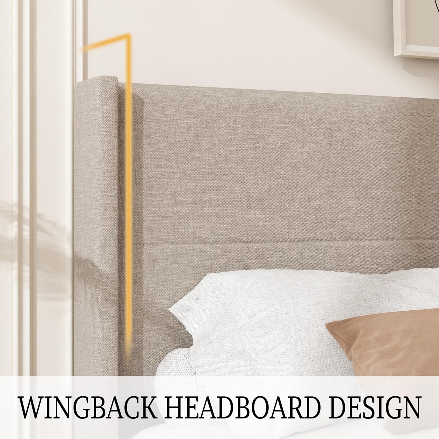 King Size Bed Frame, Linen Upholstered Platform with Wingback Headboard, Wooden Slats Support, No Box Spring Needed, Easy Assembly, Beige