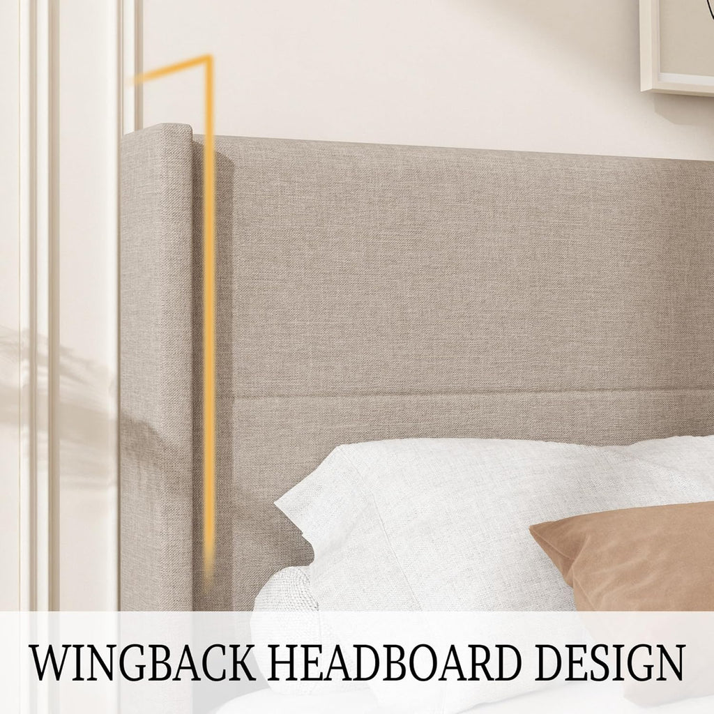 King Size Bed Frame, Linen Upholstered Platform with Wingback Headboard, Wooden Slats Support, No Box Spring Needed, Easy Assembly, Beige
