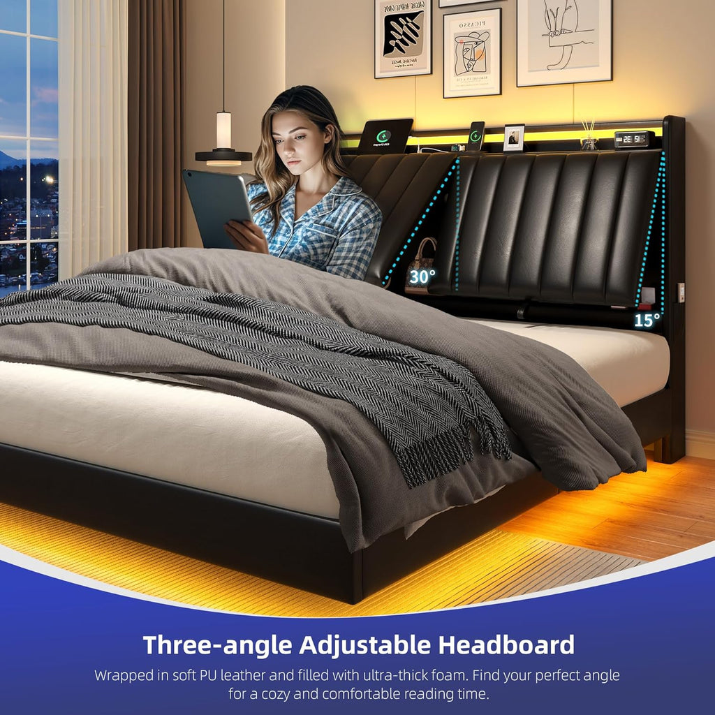 Queen Size Floating Bed Frame with Ergonomic Hidden Storage Headboard and LED Lights, Visual Floating LED Bed Frame with Charing Station, Leather Upholstered Platform Bed, Heavy Duty, Black