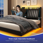 Queen Size Floating Bed Frame with Ergonomic Hidden Storage Headboard and LED Lights, Visual Floating LED Bed Frame with Charing Station, Leather Upholstered Platform Bed, Heavy Duty, Black