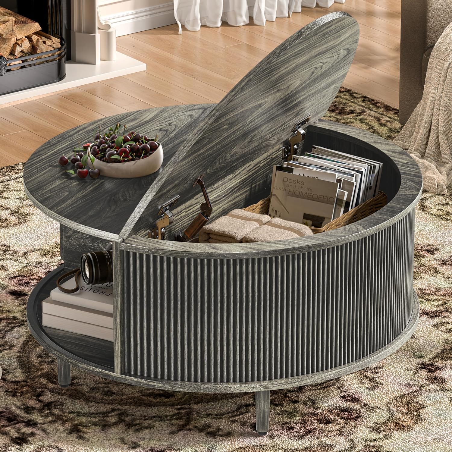 Round Coffee Table, 31.5" Fluted Center Table with Storage, Lift-Top Coffee Table with Adjustable Footpads, Sliding Door, Mid-Century Modern Center Table for Living Room, Small Space (Grey)