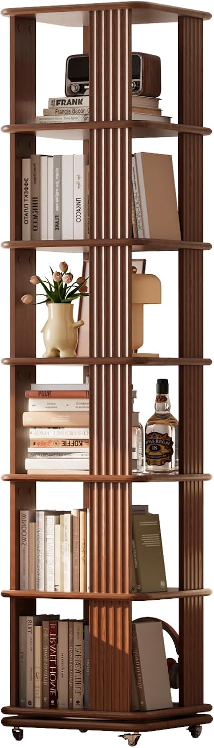 Solid Wood Rotating Bookshelf, 6-Tier Rolling Bookcase .360 Degree Revolving Bookshelf .Spinning Bookshelf Tower for Small Spaces, Bedroom .Office .Living Room .Classroom (Walnut)
