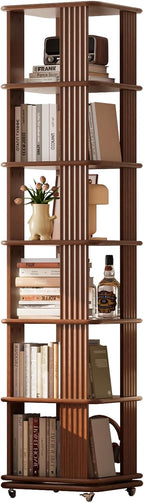 Solid Wood Rotating Bookshelf, 6-Tier Rolling Bookcase .360 Degree Revolving Bookshelf .Spinning Bookshelf Tower for Small Spaces, Bedroom .Office .Living Room .Classroom (Walnut)