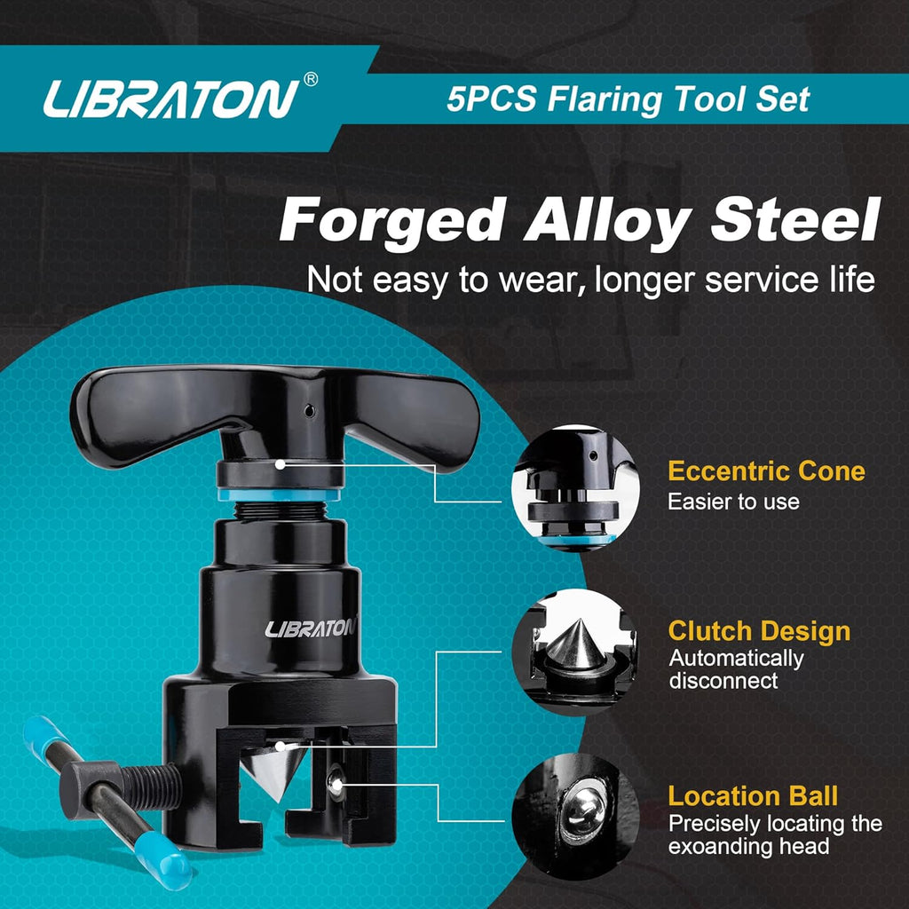 LIBRATON Flaring Tool, HVAC Flaring Tool Kit, Copper Flaring Tool, 45° Eccentric Single Flare Tool for 1/4''-3/4'' and 6-19mm with Pipe Cutter, Deburring Tool for Copper Aluminum Pipe