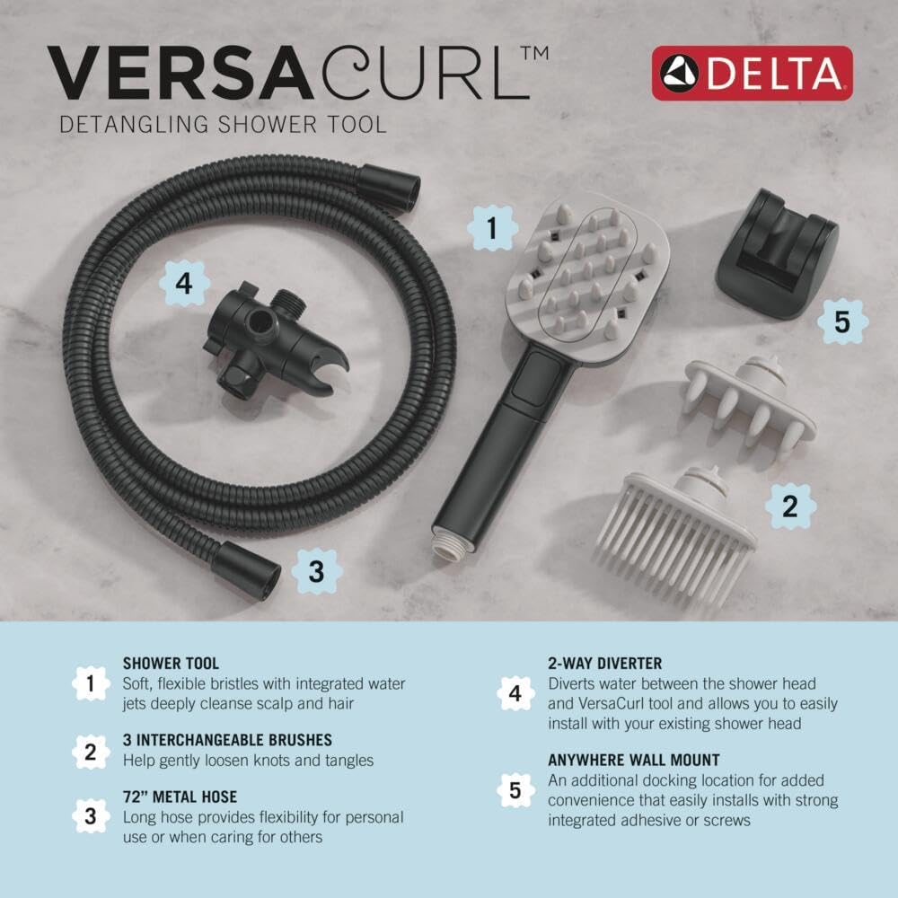 Delta VersaCurl Detangling Handheld Shower Head Tool for Curly Hair with 3 Curl Defining Brush Inserts Included, Detangler Brush Hand Shower with Hose, Matte Black 74B430BL