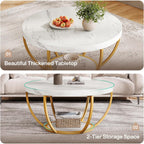 Tribesigns Modern Round Coffee Table, 2 Tier Coffee Table with Faux White Marble and Golden Metal Legs, Circle Center Table Tea Table Accent Furniture for Living Room, White and Gold