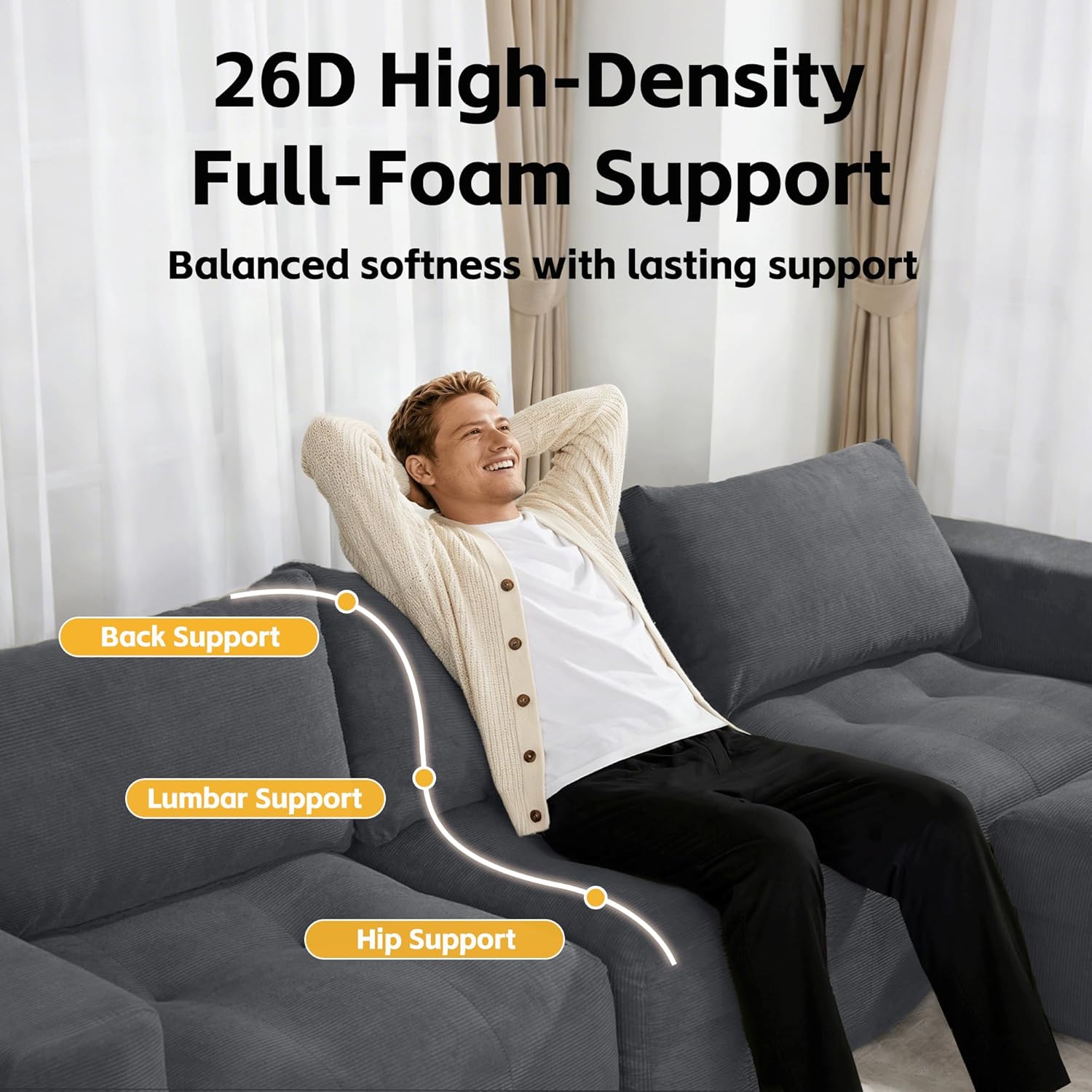 MCombo 121" Modular Sofa Couch, No Assembly Required, L Shaped Compressed Sectional Sofa with Ottoman, Deep Seat Upholstered Boneless Couch for Living Room, SS378 (Dark Grey)