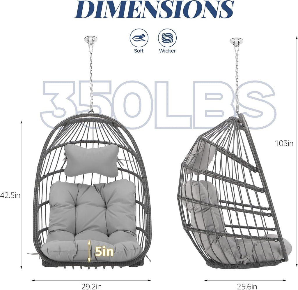 BULEXYARD Outdoor Swing Egg Chair No Stand, Folding Wicker Rattan Ceiling Hanging Patio Chairs, 350 Lbs Sturdy Hammock Basket Seat with Cozy Cushion for Backyard Pergola Living Room, Light Grey