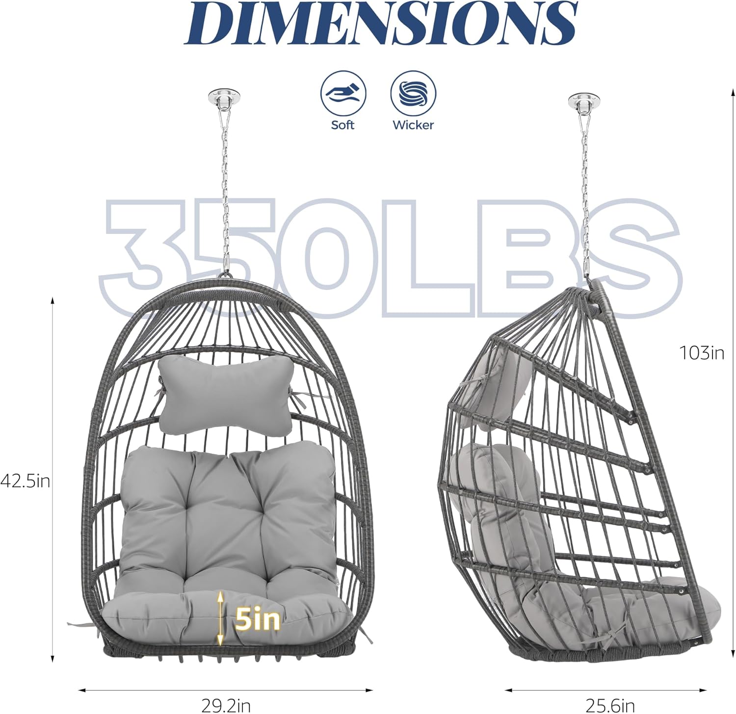 BULEXYARD Outdoor Swing Egg Chair No Stand, Folding Wicker Rattan Ceiling Hanging Patio Chairs, 350 Lbs Sturdy Hammock Basket Seat with Cozy Cushion for Backyard Pergola Living Room, Light Grey