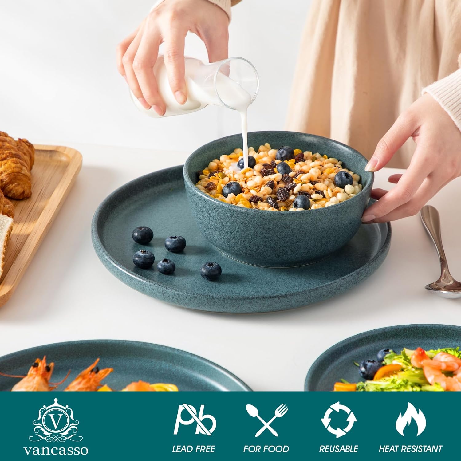 vancasso Plates and Bowls Sets, 18 Pieces Modern Ceramic Dinnerware Set for 6, Dish Set for Kitchen, Dinner Set Stoneware Dishware Set Microwave and Dishwasher Safe, Blue, Series ZERMATT