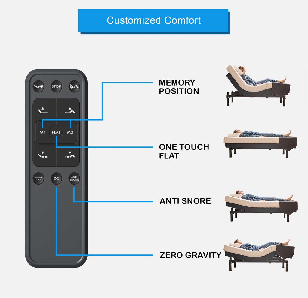 Queen Adjustable Bed Base | Dual Massage | USB Ports | Zero Gravity | Anti-Snore | Memory Positions | Under Bed Lighting | Wireless Remote | Zero Clearance